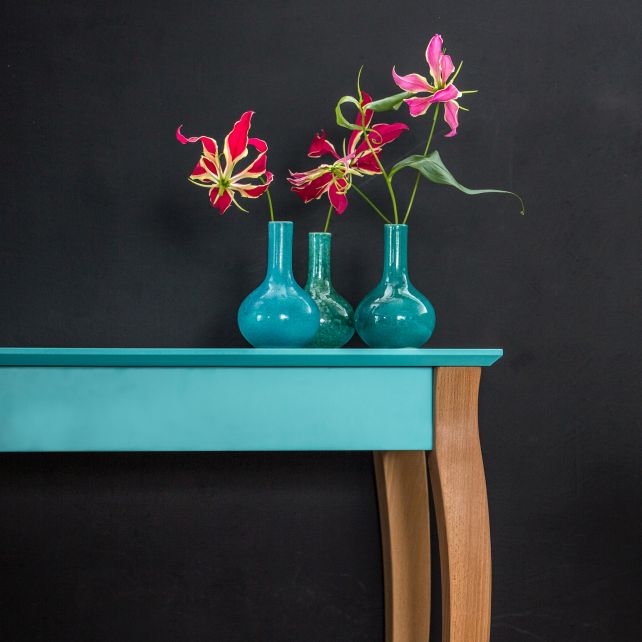 BLUE CONSOLE table with natural wooden legs