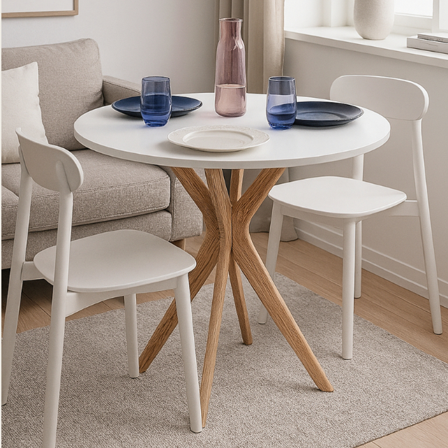 Bílý kulatý jídelní stůl s nohami z přírodního dřeva