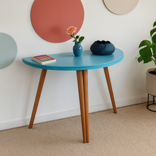 Półksiężycowy rozkładany stół MAWI śr. 120cm Turkus Nogi Dąb