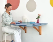 Półowalny Stół Ścienny Opadający KLAPP 75x100cm Delikatny Niebieski Jesion