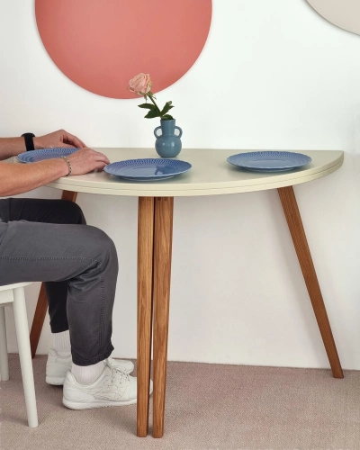 Półksiężycowy rozkładany stół MAWI śr. 120cm Turkus Nogi Dąb