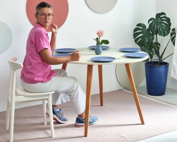 Półksiężycowy rozkładany stół MAWI śr. 120cm Turkus Nogi Dąb