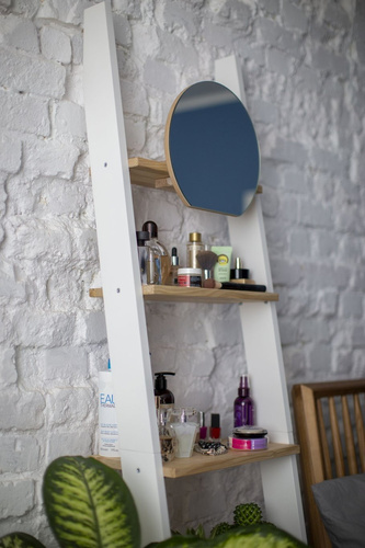 Regał Drabinka ASHME z Lusterkiem 45x35x180cm - Jesionowe Półki/Petrol Blue