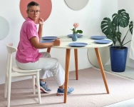 Półksiężycowy rozkładany stół MAWI śr. 120cm Turkus Nogi Dąb