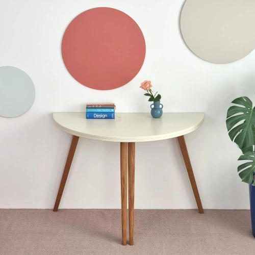 Półksiężycowy rozkładany stół MAWI śr. 120cm Turkus Nogi Dąb