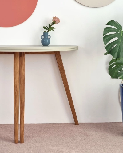 Półksiężycowy rozkładany stół MAWI śr. 120cm Turkus Nogi Dąb