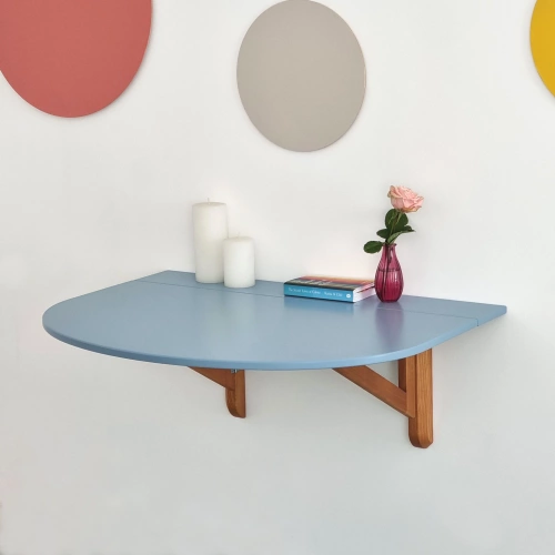 Półowalny Stół Ścienny Opadający KLAPP 75x100cm Delikatny Niebieski Dąb 